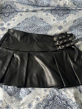PrettyLittleThing Black Faux Leather Pleated Mini Skirt with Triple Buckles